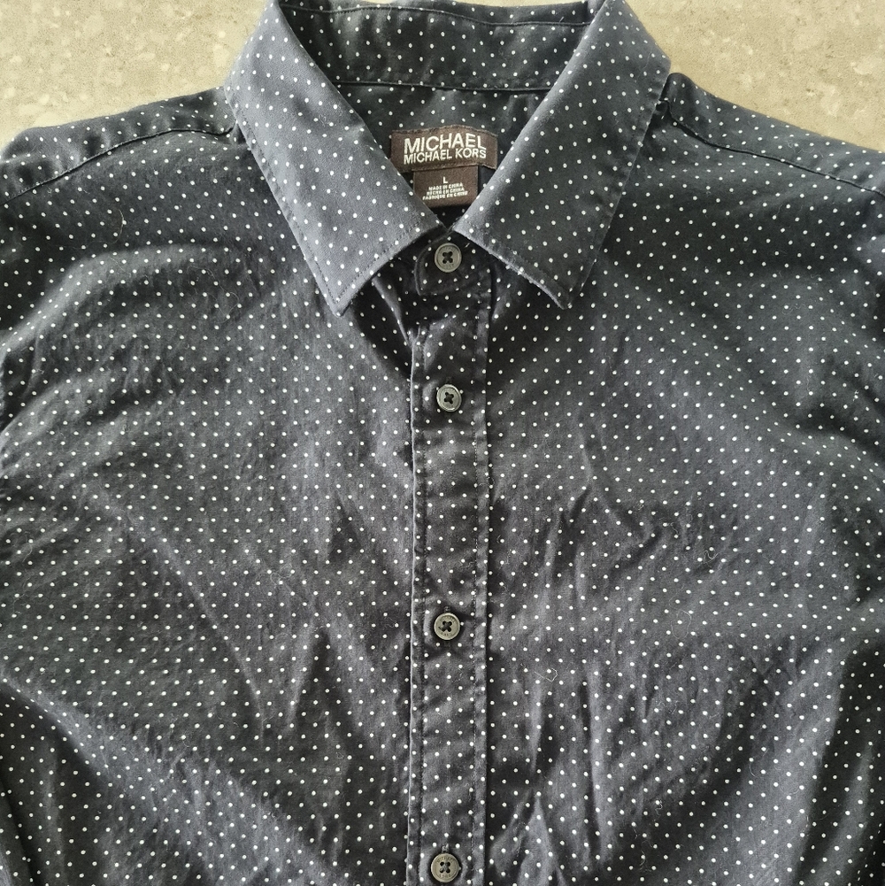 Michael Kors Mens Dress Shirt Sz L Long Sleeve Polka Dot Black Tailored Fit - Picture 2 of 11